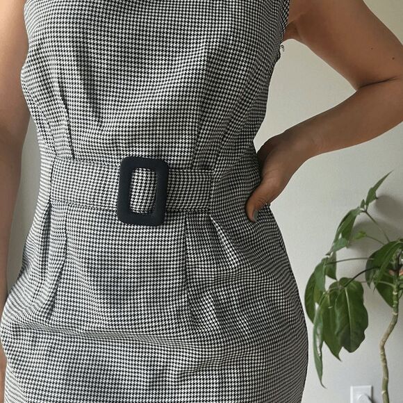 Vtg deadstock 90s Marnie West black‎ white houndstooth fitted belt dress size 10 - Picture 8 of 8